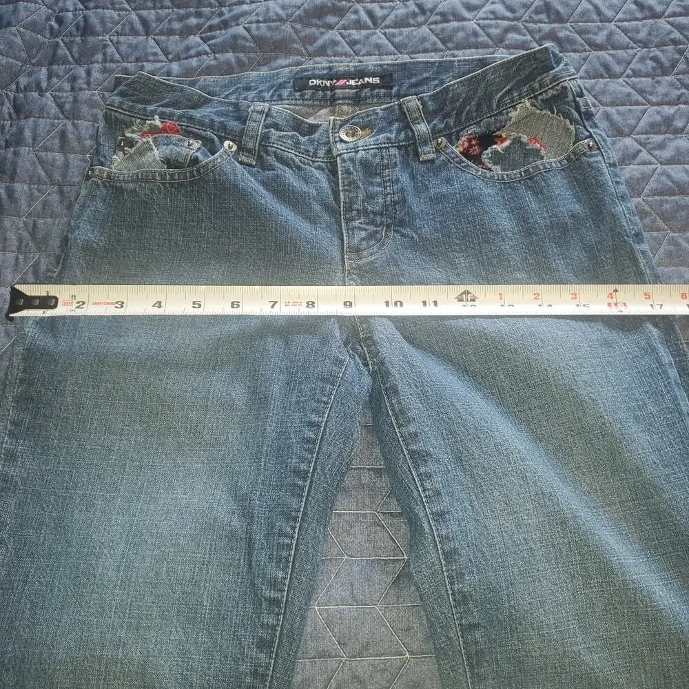 Vintage DKNY Size 1 (28x31) Boho Patchwork Low Rise Flare Jean Y2K Festival Boho